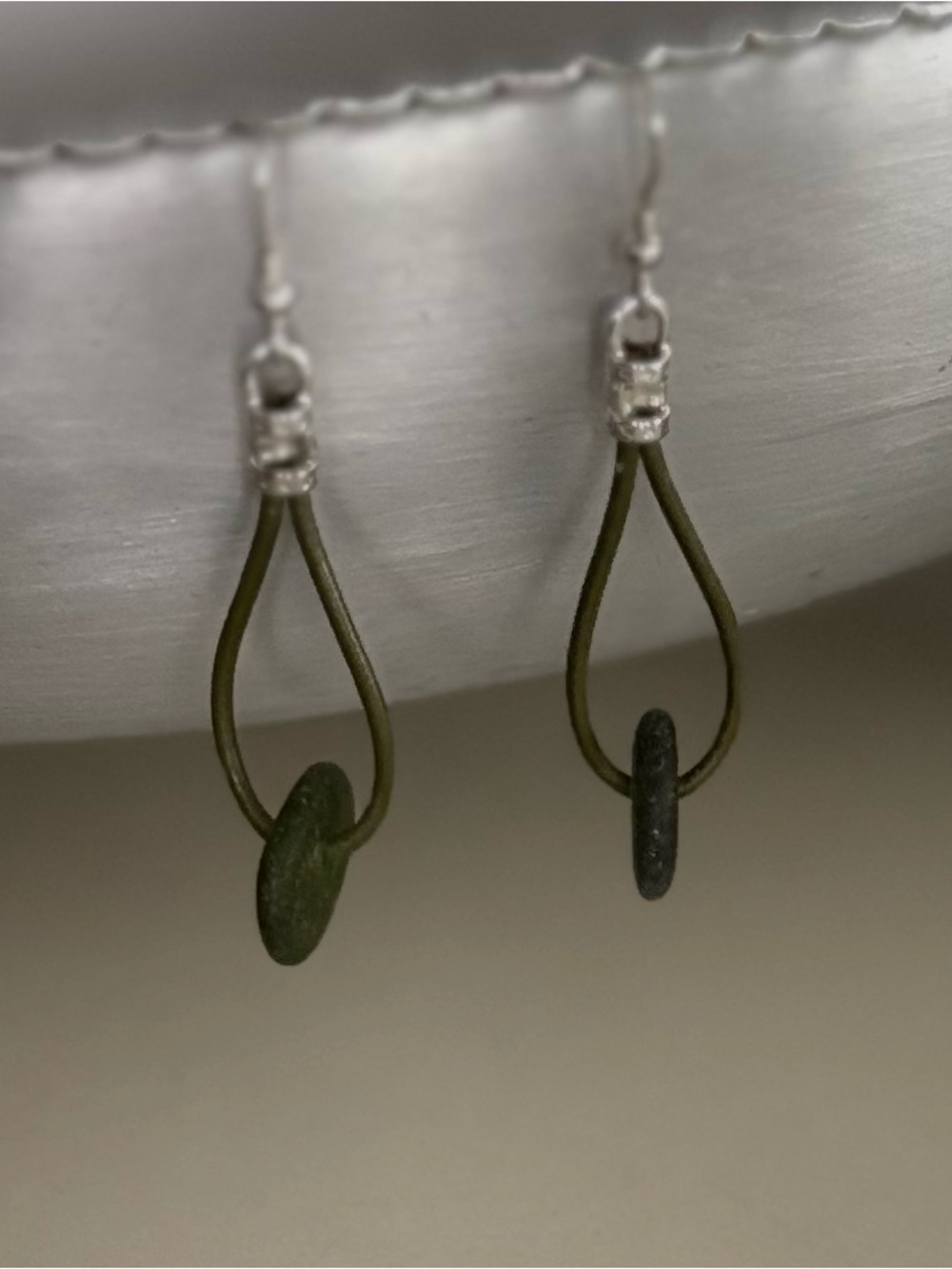 Olive Green Beach Glass and Leather Drop Earrings